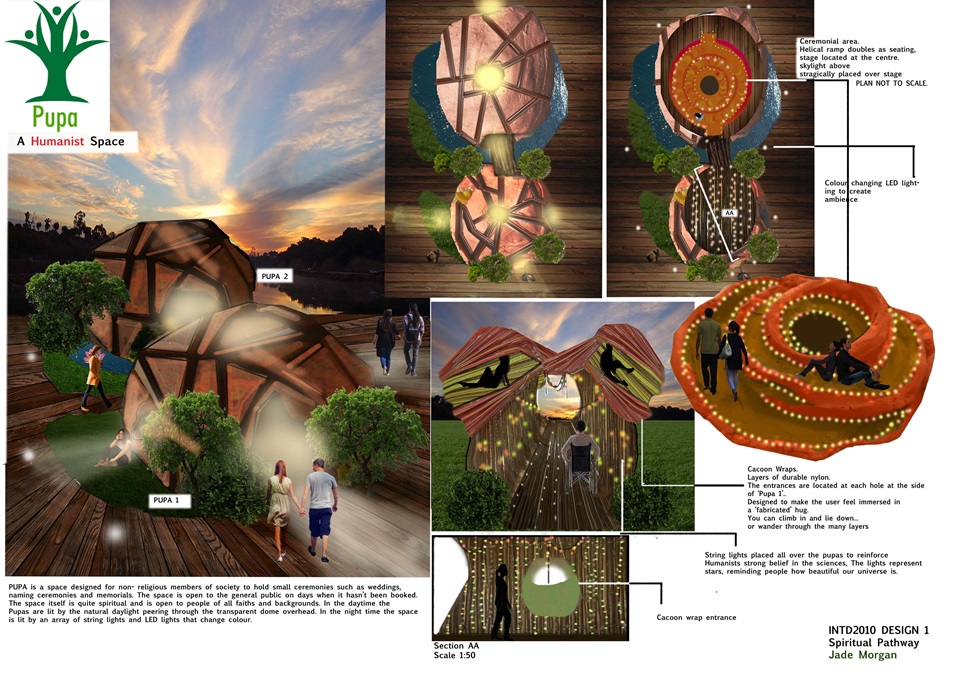 Pupa: Humanist centre inspired by the warmth and comfort of a cacoon.